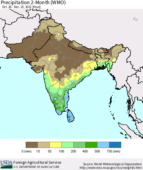 Southern Asia Precipitation 2-Month (WMO) Thematic Map For 10/26/2021 - 12/25/2021