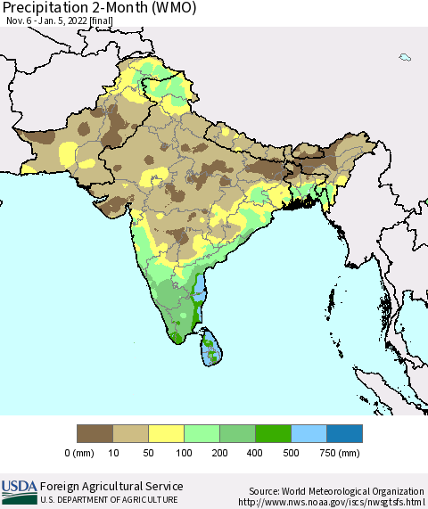 Southern Asia Precipitation 2-Month (WMO) Thematic Map For 11/6/2021 - 1/5/2022