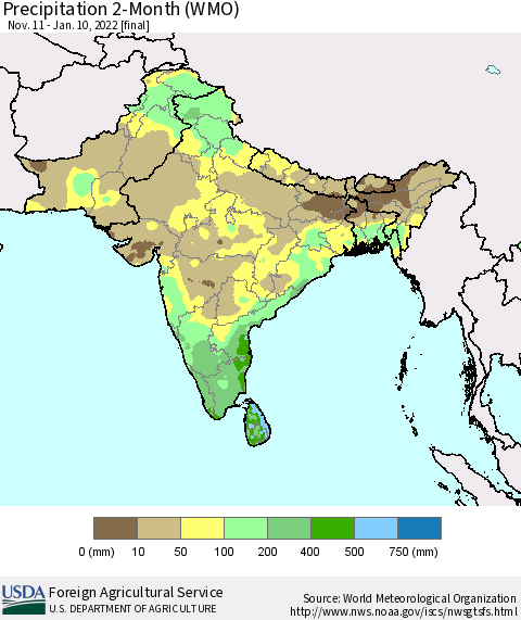 Southern Asia Precipitation 2-Month (WMO) Thematic Map For 11/11/2021 - 1/10/2022