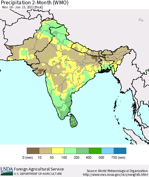Southern Asia Precipitation 2-Month (WMO) Thematic Map For 11/16/2021 - 1/15/2022