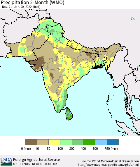Southern Asia Precipitation 2-Month (WMO) Thematic Map For 11/21/2021 - 1/20/2022