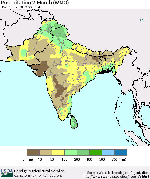 Southern Asia Precipitation 2-Month (WMO) Thematic Map For 12/1/2021 - 1/31/2022