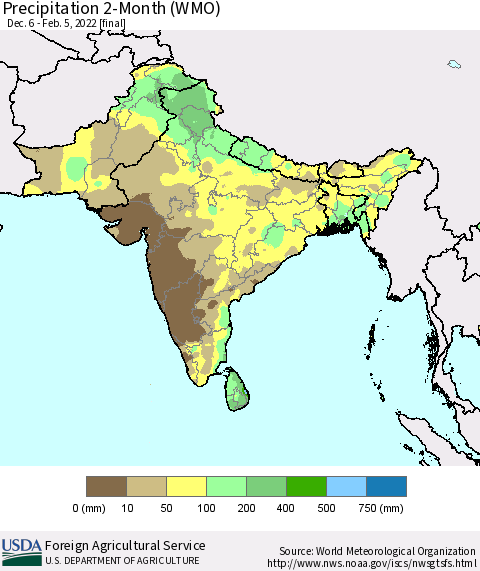 Southern Asia Precipitation 2-Month (WMO) Thematic Map For 12/6/2021 - 2/5/2022