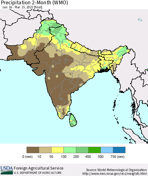 Southern Asia Precipitation 2-Month (WMO) Thematic Map For 1/16/2022 - 3/15/2022
