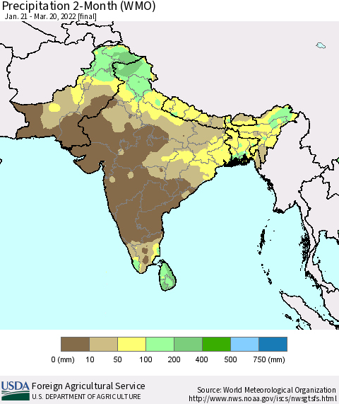 Southern Asia Precipitation 2-Month (WMO) Thematic Map For 1/21/2022 - 3/20/2022