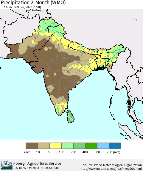 Southern Asia Precipitation 2-Month (WMO) Thematic Map For 1/26/2022 - 3/25/2022