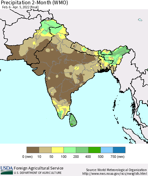 Southern Asia Precipitation 2-Month (WMO) Thematic Map For 2/6/2022 - 4/5/2022