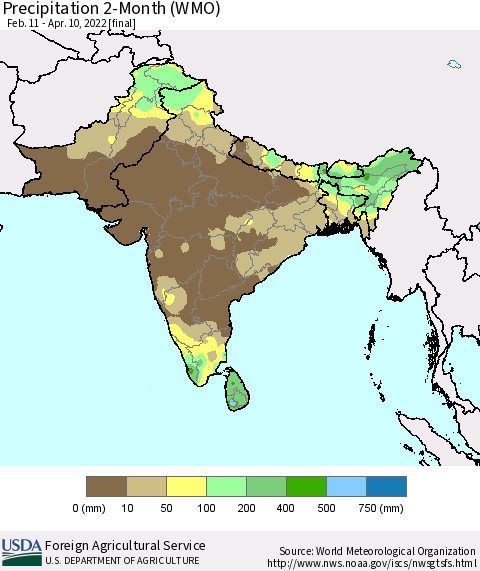 Southern Asia Precipitation 2-Month (WMO) Thematic Map For 2/11/2022 - 4/10/2022