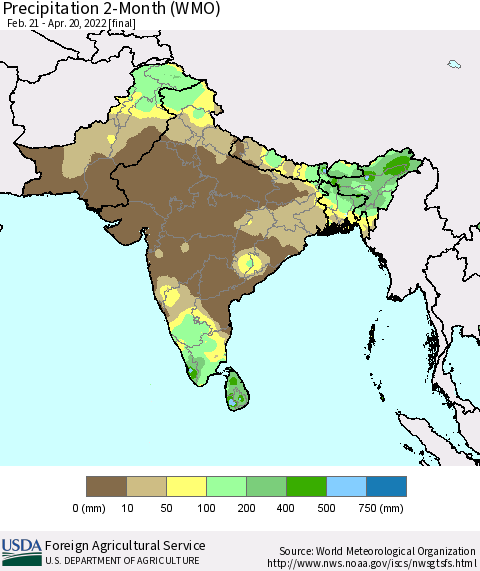 Southern Asia Precipitation 2-Month (WMO) Thematic Map For 2/21/2022 - 4/20/2022