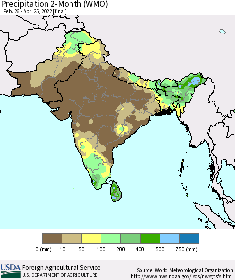 Southern Asia Precipitation 2-Month (WMO) Thematic Map For 2/26/2022 - 4/25/2022