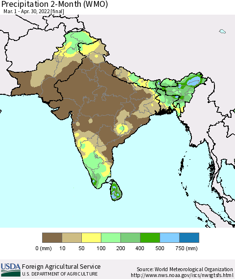 Southern Asia Precipitation 2-Month (WMO) Thematic Map For 3/1/2022 - 4/30/2022