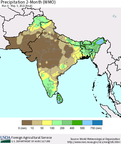 Southern Asia Precipitation 2-Month (WMO) Thematic Map For 3/6/2022 - 5/5/2022