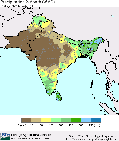 Southern Asia Precipitation 2-Month (WMO) Thematic Map For 3/11/2022 - 5/10/2022