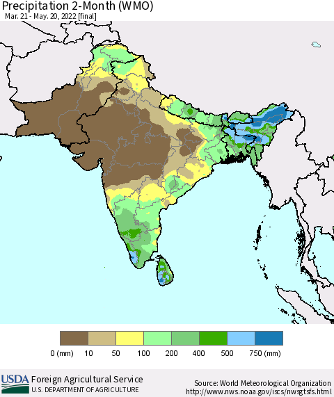 Southern Asia Precipitation 2-Month (WMO) Thematic Map For 3/21/2022 - 5/20/2022