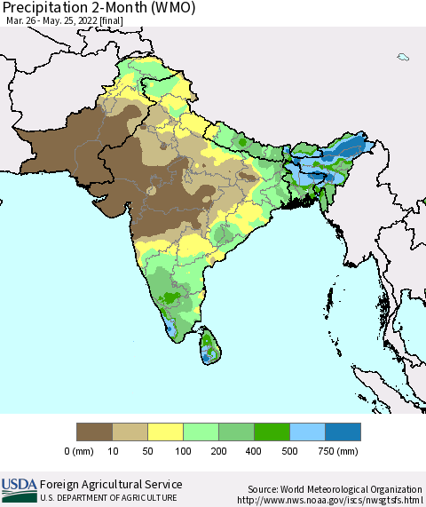 Southern Asia Precipitation 2-Month (WMO) Thematic Map For 3/26/2022 - 5/25/2022