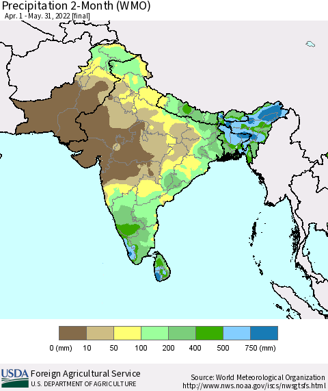 Southern Asia Precipitation 2-Month (WMO) Thematic Map For 4/1/2022 - 5/31/2022