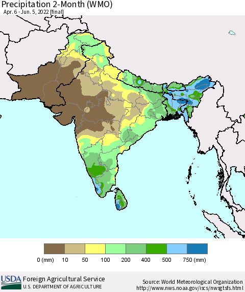 Southern Asia Precipitation 2-Month (WMO) Thematic Map For 4/6/2022 - 6/5/2022