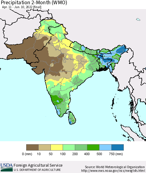 Southern Asia Precipitation 2-Month (WMO) Thematic Map For 4/11/2022 - 6/10/2022