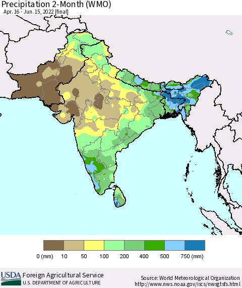 Southern Asia Precipitation 2-Month (WMO) Thematic Map For 4/16/2022 - 6/15/2022