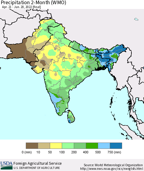Southern Asia Precipitation 2-Month (WMO) Thematic Map For 4/21/2022 - 6/20/2022