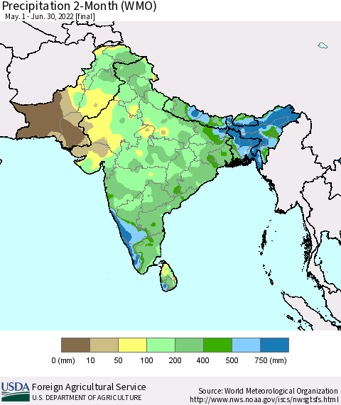 Southern Asia Precipitation 2-Month (WMO) Thematic Map For 5/1/2022 - 6/30/2022