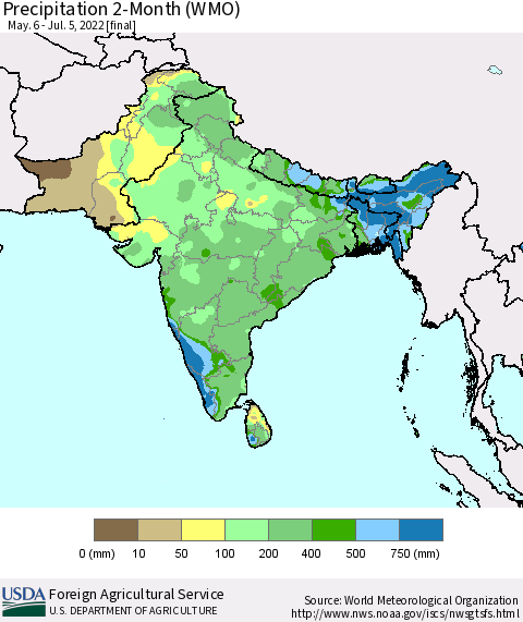 Southern Asia Precipitation 2-Month (WMO) Thematic Map For 5/6/2022 - 7/5/2022