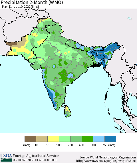 Southern Asia Precipitation 2-Month (WMO) Thematic Map For 5/11/2022 - 7/10/2022