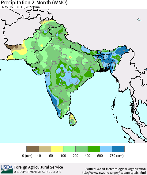 Southern Asia Precipitation 2-Month (WMO) Thematic Map For 5/16/2022 - 7/15/2022