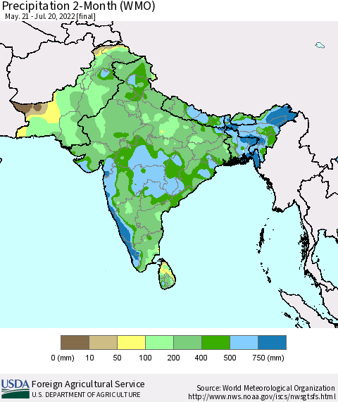 Southern Asia Precipitation 2-Month (WMO) Thematic Map For 5/21/2022 - 7/20/2022