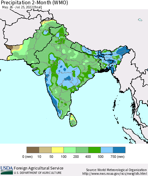 Southern Asia Precipitation 2-Month (WMO) Thematic Map For 5/26/2022 - 7/25/2022