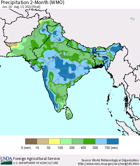 Southern Asia Precipitation 2-Month (WMO) Thematic Map For 6/16/2022 - 8/15/2022