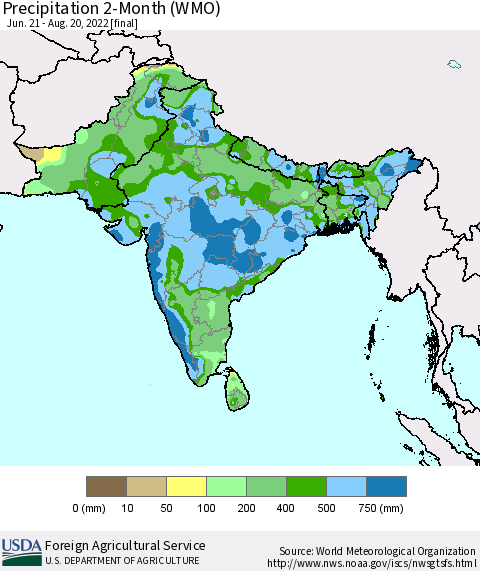 Southern Asia Precipitation 2-Month (WMO) Thematic Map For 6/21/2022 - 8/20/2022