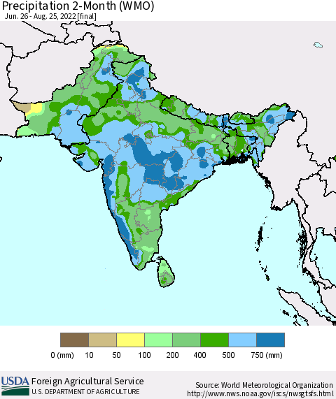 Southern Asia Precipitation 2-Month (WMO) Thematic Map For 6/26/2022 - 8/25/2022
