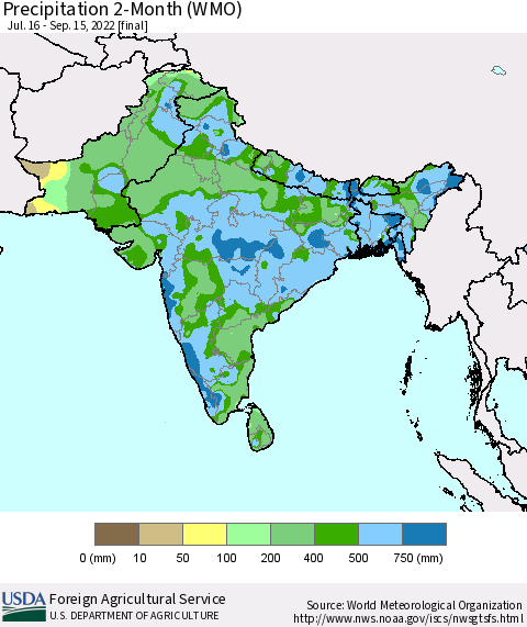 Southern Asia Precipitation 2-Month (WMO) Thematic Map For 7/16/2022 - 9/15/2022