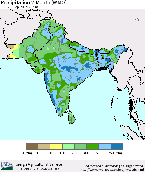 Southern Asia Precipitation 2-Month (WMO) Thematic Map For 7/21/2022 - 9/20/2022