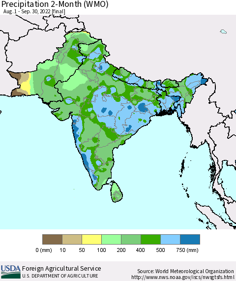 Southern Asia Precipitation 2-Month (WMO) Thematic Map For 8/1/2022 - 9/30/2022