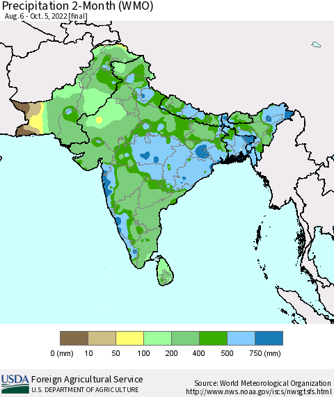 Southern Asia Precipitation 2-Month (WMO) Thematic Map For 8/6/2022 - 10/5/2022