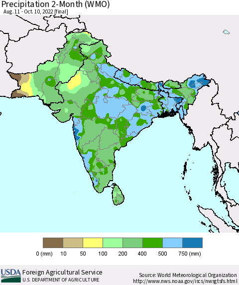 Southern Asia Precipitation 2-Month (WMO) Thematic Map For 8/11/2022 - 10/10/2022