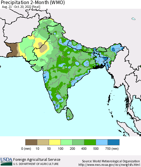 Southern Asia Precipitation 2-Month (WMO) Thematic Map For 8/21/2022 - 10/20/2022