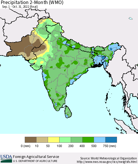 Southern Asia Precipitation 2-Month (WMO) Thematic Map For 9/1/2022 - 10/31/2022