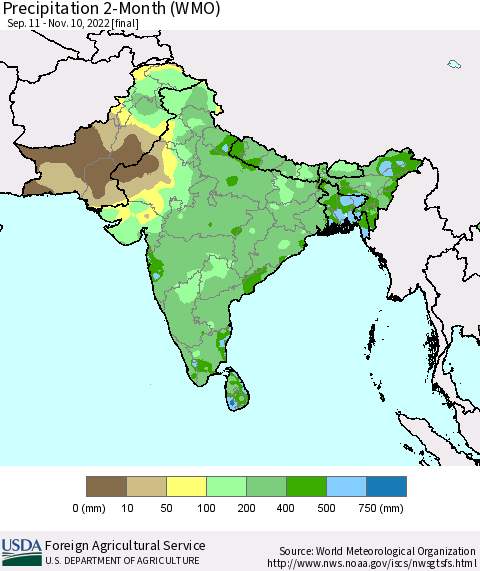 Southern Asia Precipitation 2-Month (WMO) Thematic Map For 9/11/2022 - 11/10/2022