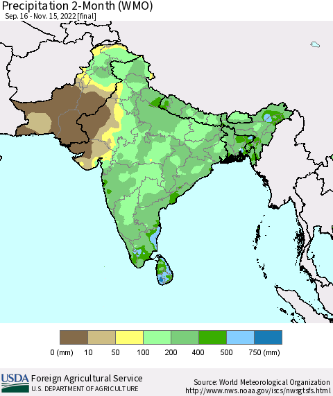 Southern Asia Precipitation 2-Month (WMO) Thematic Map For 9/16/2022 - 11/15/2022