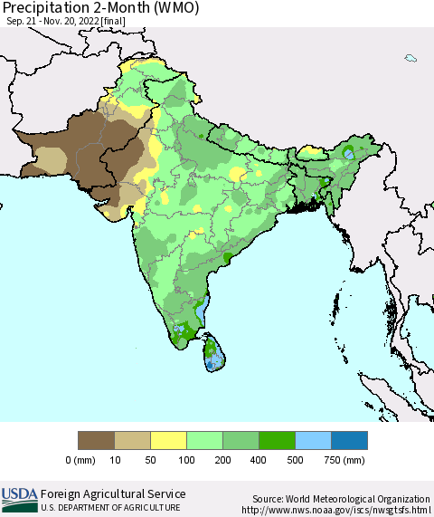 Southern Asia Precipitation 2-Month (WMO) Thematic Map For 9/21/2022 - 11/20/2022