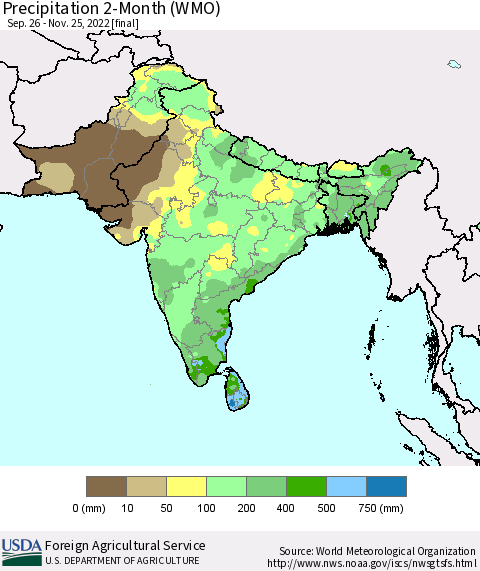 Southern Asia Precipitation 2-Month (WMO) Thematic Map For 9/26/2022 - 11/25/2022