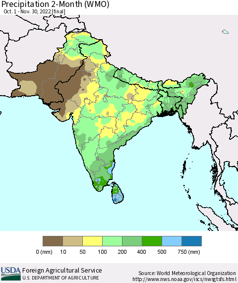 Southern Asia Precipitation 2-Month (WMO) Thematic Map For 10/1/2022 - 11/30/2022