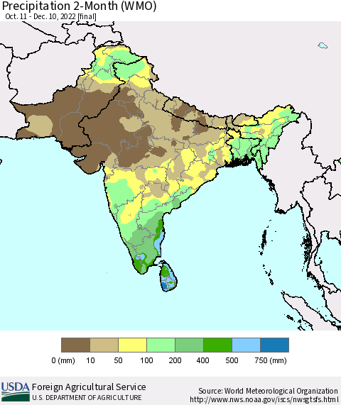 Southern Asia Precipitation 2-Month (WMO) Thematic Map For 10/11/2022 - 12/10/2022