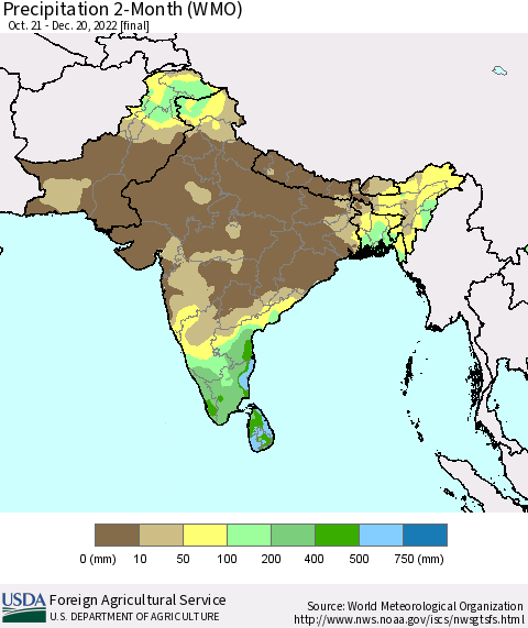 Southern Asia Precipitation 2-Month (WMO) Thematic Map For 10/21/2022 - 12/20/2022