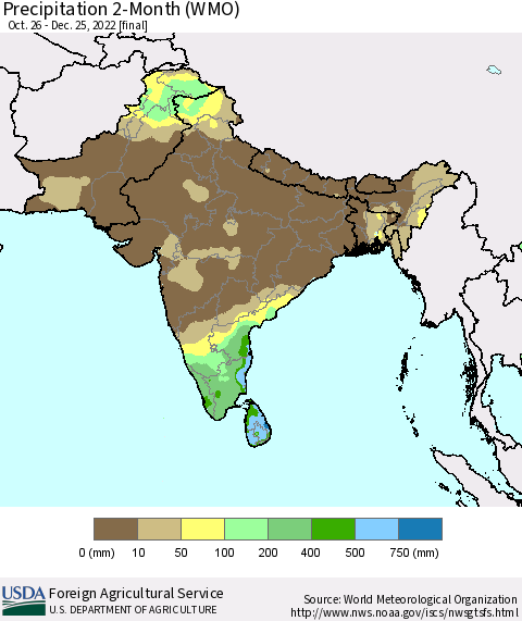 Southern Asia Precipitation 2-Month (WMO) Thematic Map For 10/26/2022 - 12/25/2022