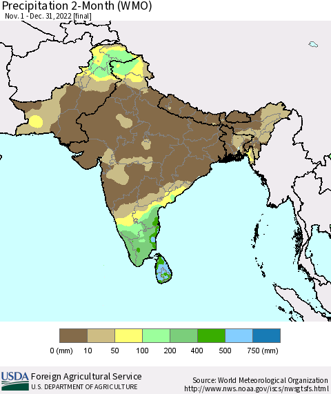 Southern Asia Precipitation 2-Month (WMO) Thematic Map For 11/1/2022 - 12/31/2022