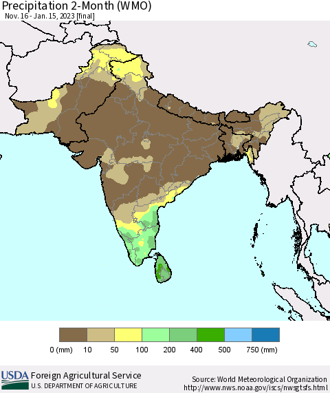 Southern Asia Precipitation 2-Month (WMO) Thematic Map For 11/16/2022 - 1/15/2023